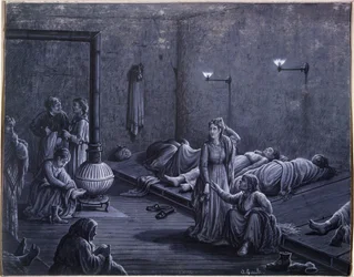 Interiör av ett natthärbärge för fattiga kvinnor, 1850-60
